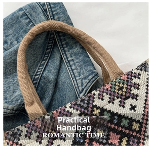 Close-up of geometric floral knit tote bag with khaki round handles and romantic time text