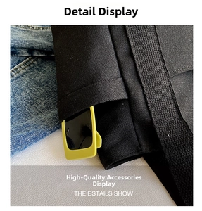 Close-up of black canvas tote bag texture with yellow sunglasses inside a pocket
