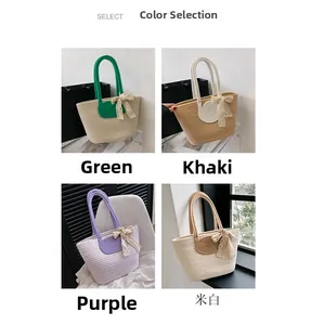 Multiple color options for woven tote bag including green, khaki, purple, and off-white