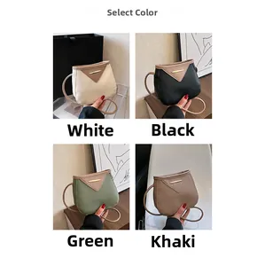 Collage of four mini bucket bags in white, black, green, and khaki with gold metal buckles