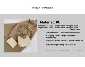 Detailed view of beige and brown PU leather crossbody bag set with product dimensions