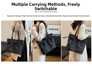 Detail showing the adjustable drawstring design and detachable strap hooks on a black tote