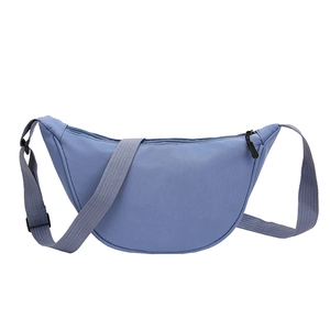 Sky blue nylon crescent crossbody bag with adjustable strap and zipper closure