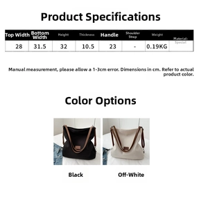 Size chart for lightweight canvas tote bag showing dimensions for black and off-white models