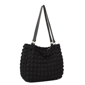 Black bubble texture tote bag with leather straps for women's casual daily commute