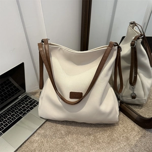 Large Capacity Canvas Tote Bag Minimalist Contrast Color PU Shoulder Straps Commute School Handbag For Women