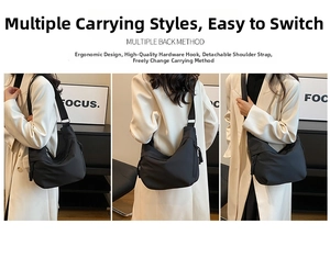 Black Oxford hobo bag with detachable shoulder strap shown in multiple carrying styles