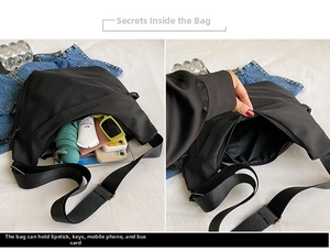 Detailed interior of a black nylon crossbody bag showing its large storage capacity