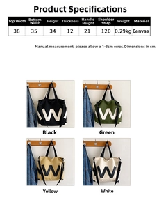 Tableau des tailles détaillé et présentation de cabas en toile en plusieurs coloris