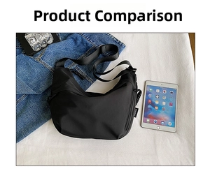 Detail of waterproof black nylon bag featuring functional side zipper and fashion label strap