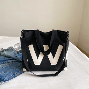 Sac Cabas En Toile Pour Femmes Grande Capacité Imprimé Lettres Couleur Contrastée Étudiant Bandoulière Main Mode