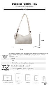 Detail view of white ruched shoulder bag with dimensions 24x16x11cm and mini pouch