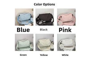 Multiple color options for pleated crossbody bags including blue black and pink variants