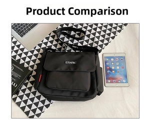 Detailed view of black nylon messenger bag shown with laptop to demonstrate capacity