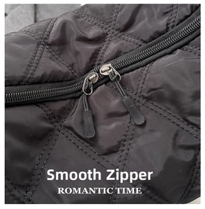 Detailed macro view of black quilted nylon texture and smooth dual zipper closure