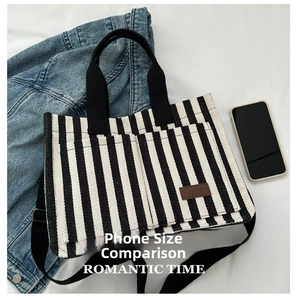 Detailed top view of striped canvas tote with dual pockets and black straps
