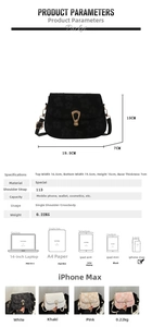 Detailed size specifications for the floral embossed crossbody bag in four colors