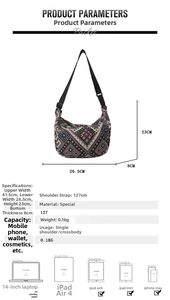 Detailed dimension chart of ethnic geometric shoulder bag showing capacity and size