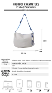 Detailed size parameters of white oxford shoulder bag with weight and dimension info