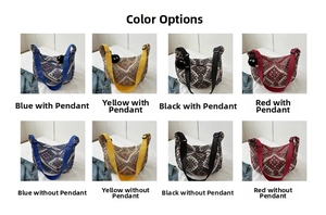 Detail view of ethnic woven crossbody bags in blue, yellow, black and red with charm options