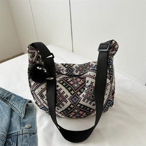Bohemian Ethnic Woven Shoulder Bag Women Crescent Hobo Crossbody Geometric Pattern Adjustable Wide Strap Retro Style