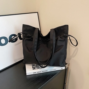 Large Capacity Canvas Tote Bag Women Drawstring Pleated Lightweight Laptop Shoulder Handbag For Commuter Simple Fashion