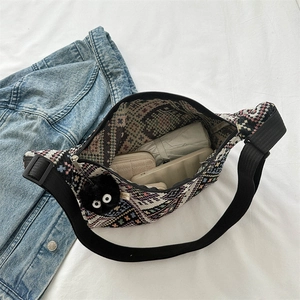 Ethnic style woven crossbody bag with geometric patterns, wide strap and large capacity