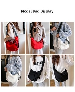 Collage of crescent nylon crossbody bags in black, beige, and red on various models