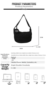 Size chart for quilted oxford crossbody bag showing dimensions and capacity details