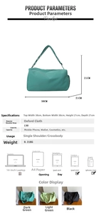 Detailed size chart and capacity info for the Oxford cloth crossbody bag