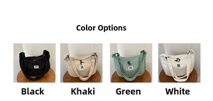 Corduroy dumpling bag detail showing four color options with bear patch and zipper
