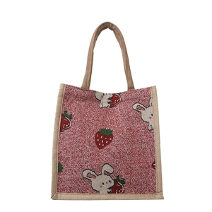 Vintage red woven tote bag with cute strawberry and bunny jacquard pattern