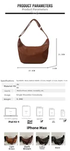 Detail view of the half-moon PU leather crossbody bag showing dimensions and storage capacity