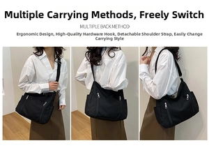 Detail showing multiple ways to wear the black multi-pocket crossbody canvas tote bag