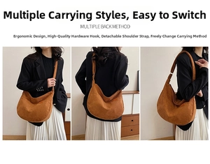 Detail of caramel corduroy hobo bag showing adjustable strap and golden metal hooks