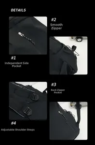 Detail view of smooth zippers, side pockets, anti-theft back pocket and adjustable straps