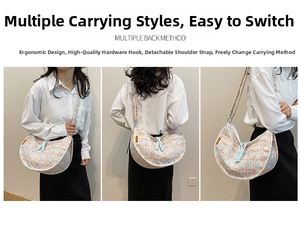 Blue and orange plaid corduroy crescent crossbody bag with woven texture details