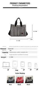 Detailed size specifications for striped canvas tote bag showing storage capacity