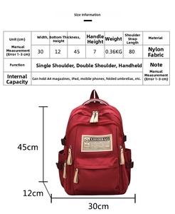 Tabella taglie dettagliata per zaino in nylon rosso con altezza 45 cm e misure