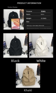 Close-up of nylon backpack available in black, white, and khaki with size specifications