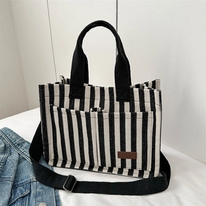 Striped Canvas Tote Bag Women Large Capacity Shoulder Crossbody Handbag With Pockets Fashion Casual Daily Commuting