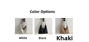 Detail view of nylon tote bags in white, black and khaki colors with striped texture