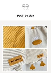 Water-resistant corduroy cartoon duck backpack with embroidered details and PU label