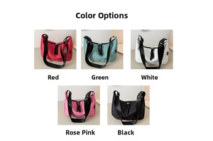 Detailed flat lay of nylon crossbody bags in red, green, white, pink and black colors