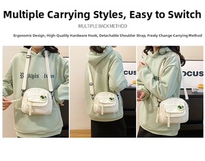 Three views of a cream canvas crossbody bag with adjustable strap and cute accessories