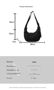 Nylon crescent bag size guide with 120cm adjustable strap and lightweight design