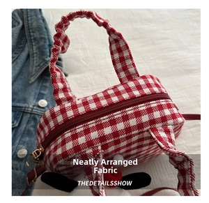 Close-up of red and white plaid fabric handbag with brown zipper and golden hardware details