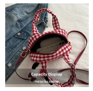Interior view showing capacity of red gingham crossbody bag with everyday essentials