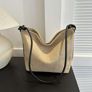 Women Frosted PU Suede Texture Bucket Hobo Bag Large Capacity Knotted Shoulder Strap Vintage Urban Minimalist Handbag