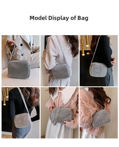 Multiple views of a trendy silver rhinestone crossbody bag worn by a model in lifestyle settings